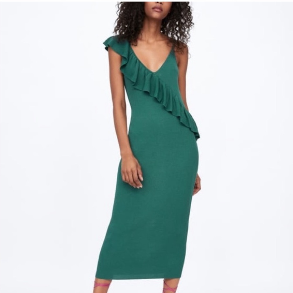 Zara Teal Ruffled Bodycon Midi Dress